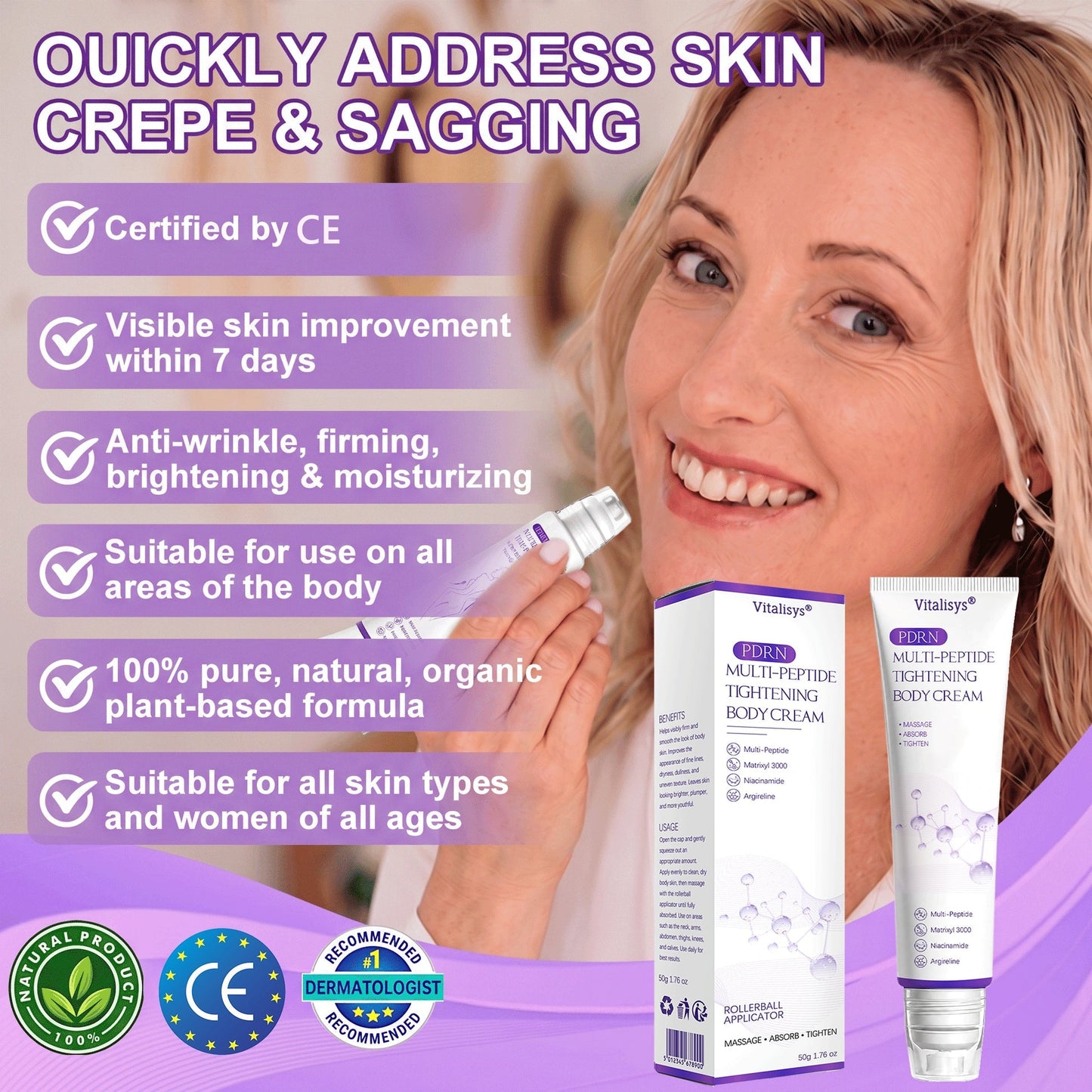 Vitalisys® 🍅PDRN Multi-Peptide Massaging Body Roller Cream- Anti-aging, Hydrating, Skin Firming & Lifting, Skin Repair, Even Tone, Acne and Dark Spot Treatment, Wart and Mole Removal, and Psoriasis Relief.