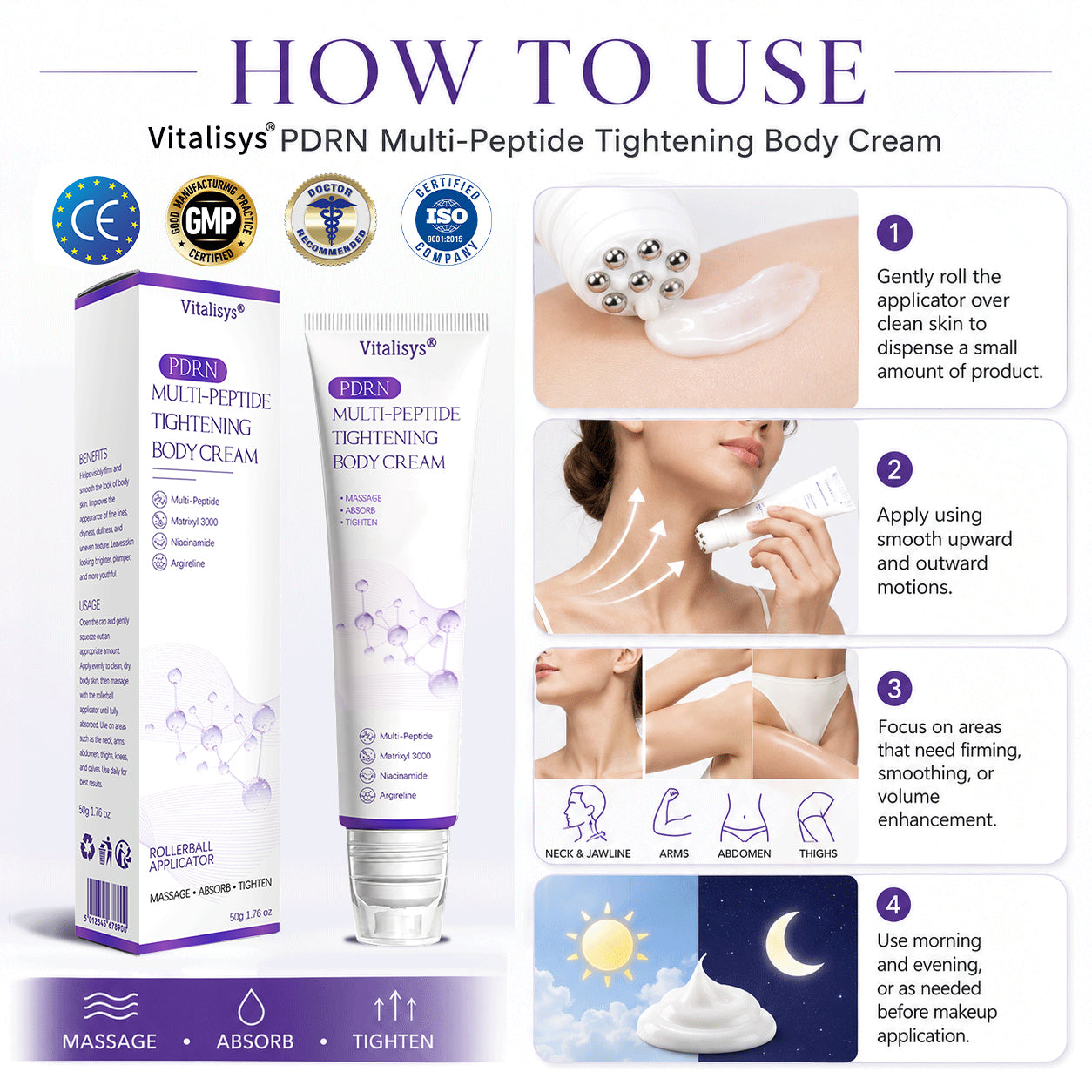 Vitalisys® 🍅PDRN Multi-Peptide Massaging Body Roller Cream- Anti-aging, Hydrating, Skin Firming & Lifting, Skin Repair, Even Tone, Acne and Dark Spot Treatment, Wart and Mole Removal, and Psoriasis Relief.