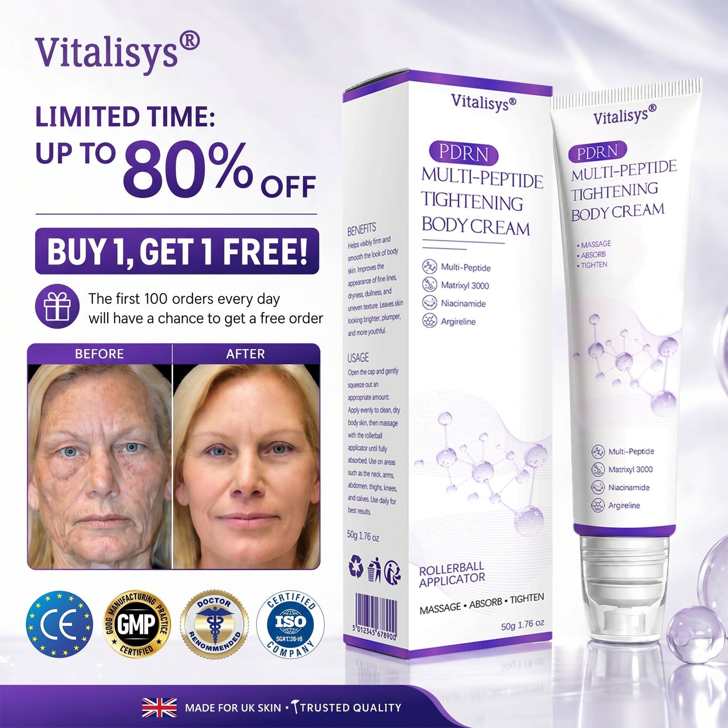 Vitalisys® 🍅PDRN Multi-Peptide Massaging Body Roller Cream- Anti-aging, Hydrating, Skin Firming & Lifting, Skin Repair, Even Tone, Acne and Dark Spot Treatment, Wart and Mole Removal, and Psoriasis Relief.