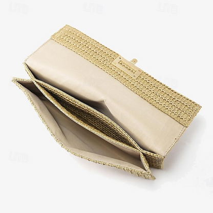 Women's Elegant Gold Straw Clutch with Designer-Style Closure - Perfect for Evening Events